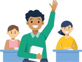 Students actively participating in a classroom setting with one raising a hand to answer during a lesson vector