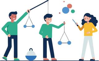 Children exploring balance and weights in a vibrant classroom, engaging in hands-on science activities vector