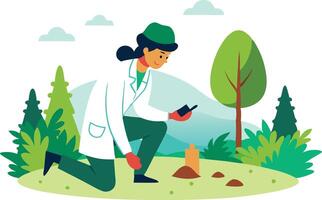 A scientist examines soil samples in a green landscape with trees and mountains vector