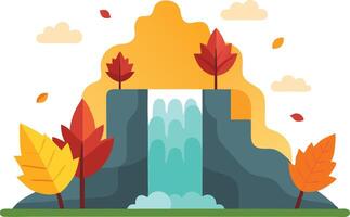 Beautiful autumn waterfall surrounded by colorful trees and mountains with gentle clouds vector
