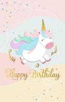 Happy birthday card with cute unicorn and gold text. Gentle unicorn Birthday template, greeting card, invitation vector
