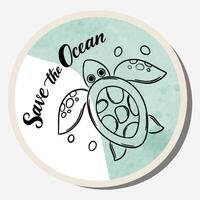 Ecology sticker with text Save the ocean and watercolor background. Care for nature vector