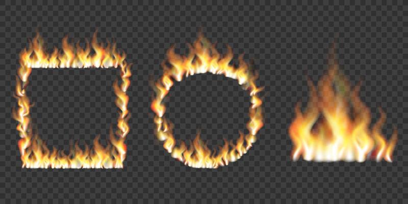 Frames made of fire. Realistic fire set. Red fiery flames for used on dark illustrations.