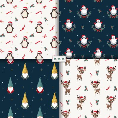 Set of winter seamless patterns with cute christmas characters. Xmas patterns, backgrounds. New year decorations.
