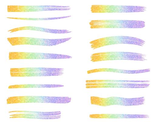 Rainbow gradient paint strokes. Set of brush strokes with multi colored glitter. Colorful rainbow paintbrush