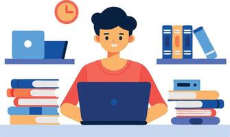 Student studying at a desk with books and a laptop vector