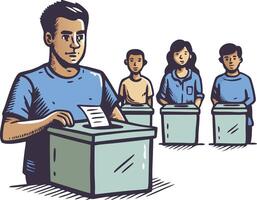 A group of diverse individuals participating in a community voting event, casting ballots into secure boxes vector