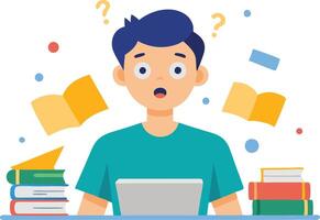 A man is sitting at the table, surrounded by books, working intensively on his laptop and looking confused. vector