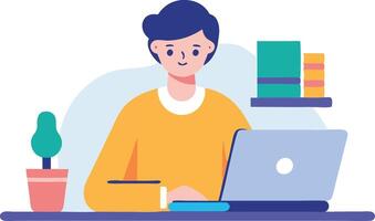illustration of a person working at a desk with a laptop, surrounded by plants and books vector