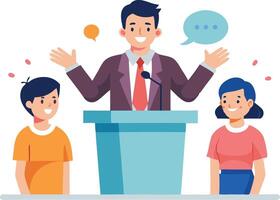 illustration of a speaker engaging with two young listeners at a podium during an educational presentation vector