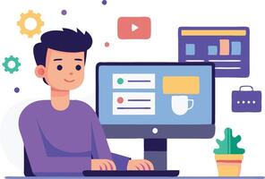A young man working on a computer at home while engaging in digital content creation and online communication vector