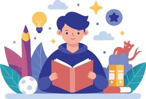 A young boy reading a book surrounded by colorful school supplies, plants, and imaginative elements in a whimsical setting vector