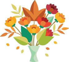 A vibrant bouquet of assorted flowers with autumn leaves in a simple vase vector