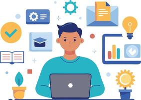 illustration of a student working on a laptop surrounded by educational icons and tools vector