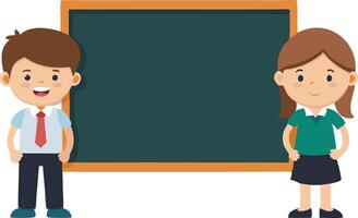 illustration of two cheerful children standing in front of a chalkboard vector