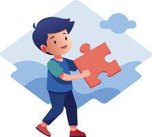 A cheerful boy carrying a large puzzle piece in a playful vector