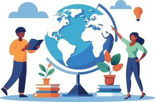 illustration of two people exploring a globe with plants and books vector