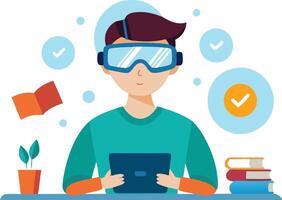 A student uses a tablet and wears virtual reality goggles in a study environment with books and a plant vector