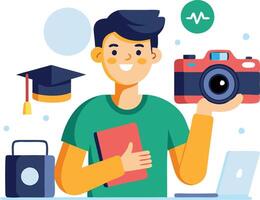 A man proudly holds a camera in one hand and a notebook in the other, these symbolize success and celebration vector