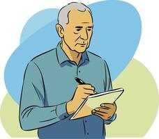 Senior man writing notes in a notebook while standing vector