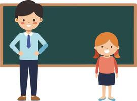 Teacher and student standing in front of a chalkboard during a classroom learning activity vector