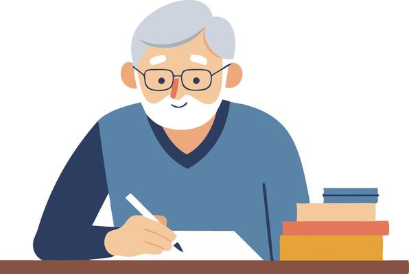 Elderly man writing notes at a desk surrounded by books and stationery