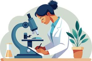 Scientist examining samples with a microscope vector