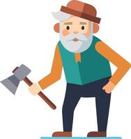 A friendly old man with a beard holding an axe while standing on a light blue background in a playful illustration vector