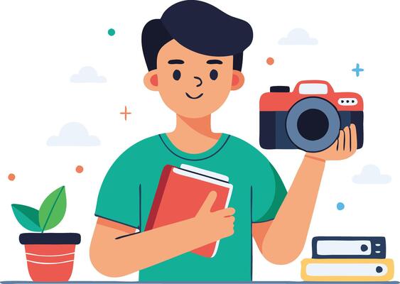 Young person holding a camera and a notebook