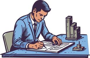 A businessman reviews graphs and charts at his desk vector