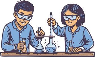 Students conducting an experiment with beakers and test tubes in a laboratory vector