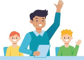 Cheerful classroom setting with a diverse group of students engaging and raising hands to participate in learning activities vector
