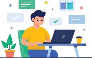 A young man working on a laptop at a modern workspace surrounded by plants and productivity elements vector