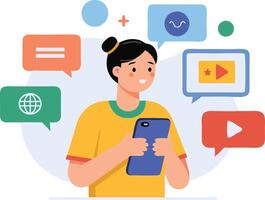 A person interacts with their smartphone while engaged in various online activities in a colorful illustration vector