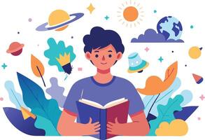 A young boy reading a book surrounded by colorful planets and nature elements in a whimsical illustration vector
