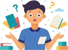 A young person expressing confusion surrounded by floating books and question marks in a colorful illustration vector