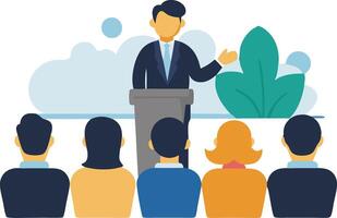 A speaker presents at a podium while an engaged audience listens attentively vector