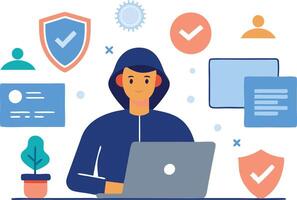 A person working on a laptop surrounded by digital security icons and data processing elements vector