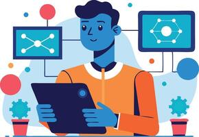 A young man analyzes data on a tablet while surrounded by digital graphs and potted plants vector