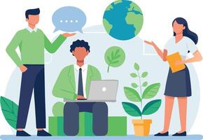 Team brainstorming session in an office with a laptop, plants, and a globe illustration vector