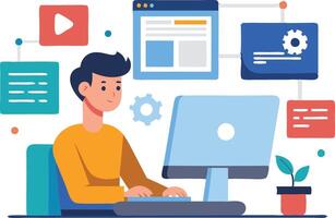 A person working on a computer with digital elements and tools vector