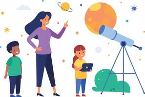 A family enjoying stargazing activity with a telescope under a clear night sky vector