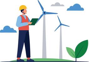 A worker inspects wind turbines with a clipboard in a renewable energy vector