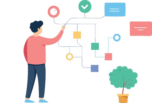 A person analyzing flowchart connections