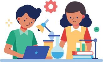 Students conducting experiments at a science lab using a laptop and lab equipment vector