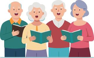 A group of seniors joyfully singing together while holding books vector