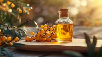 Sea Buckthorn Essential Oil Bottle with Fresh Yellow Berries on Wooden Board photo