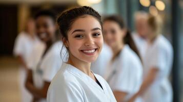 Confident Young Nurse Trainer Smiling with Group in Communal Area photo