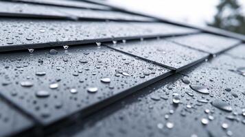 Rain-Kissed Metal Roof. Textured Droplet Close-Up photo