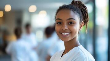 Confident Young Nurse Trainer Smiling with Group in Communal Area photo